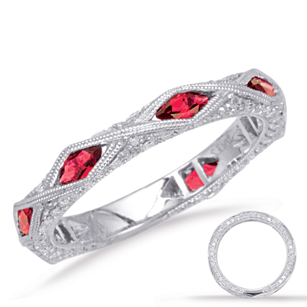This Gem Stone Ring is available in 14K White Gold. There are a total of 103 stones. There are Rounds with a total carat weight of 0.41 set in a Channel Set|Micro Pave setting.There are Ruby stones with a total carat weight of 0.63 set in a Channel Set|Micro Pave.