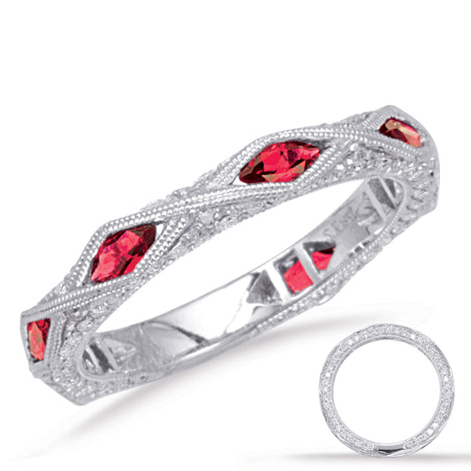 This Gem Stone Ring is available in 14K White Gold. There are a total of 103 stones. There are Rounds with a total carat weight of 0.41 set in a Channel Set|Micro Pave setting.There are Ruby stones with a total carat weight of 0.63 set in a Channel Set|Micro Pave.