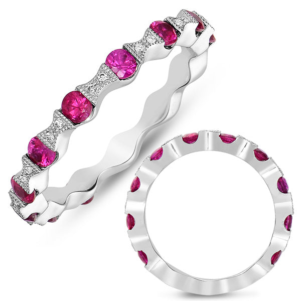 This Gem Stone Ring is available in 14K White Gold. There are a total of 28 stones. There are Rounds with a total carat weight of 0.05 set in a Channel Set|Micro Pave setting.There are Ruby stones with a total carat weight of 0.67 set in a Channel Set|Micro Pave.