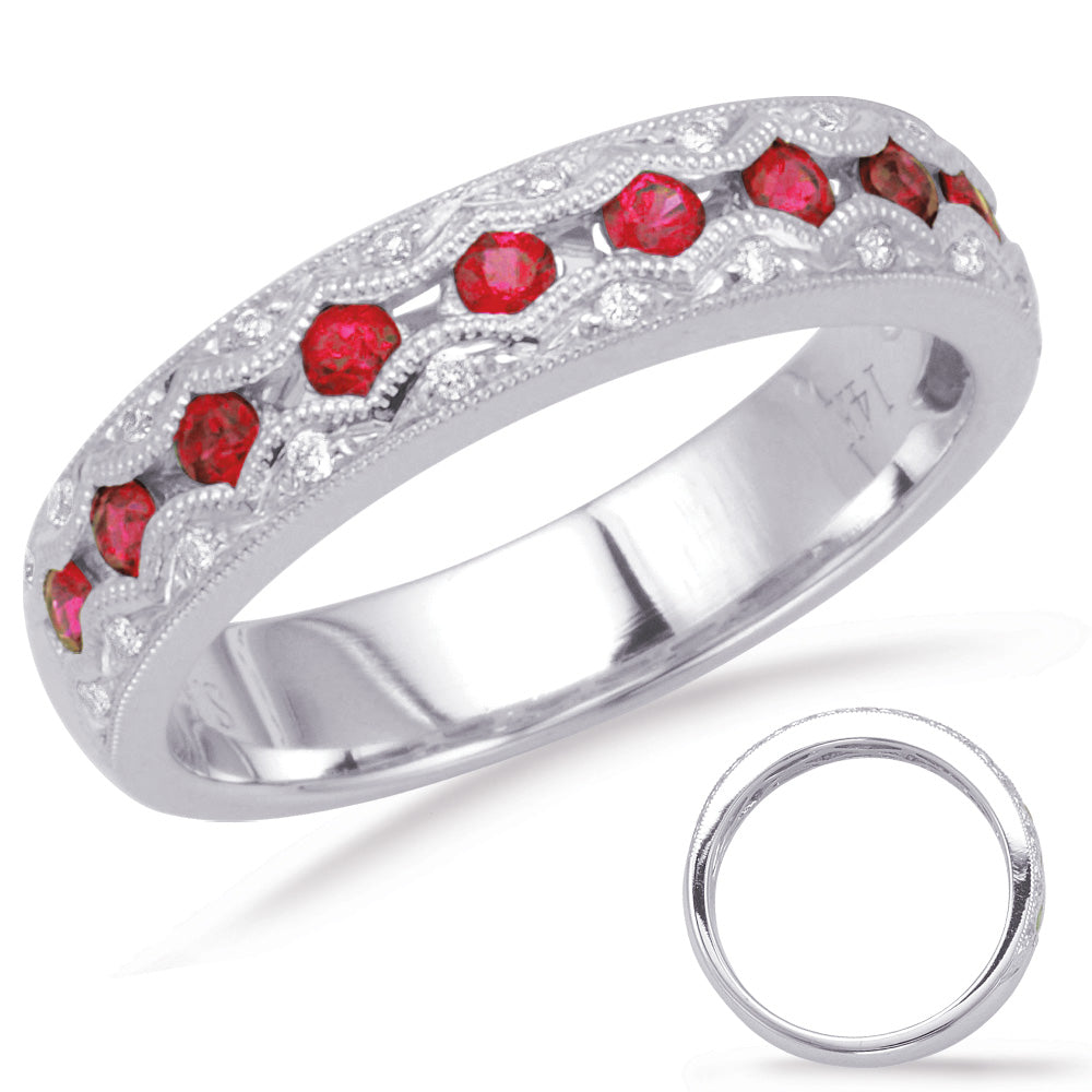 This Gem Stone Ring is available in 14K White Gold. There are a total of 32 stones. There are Rounds with a total carat weight of 0.12 set in a Channel Set|Micro Pave setting.There are Ruby stones with a total carat weight of 0.42 set in a Channel Set|Micro Pave.