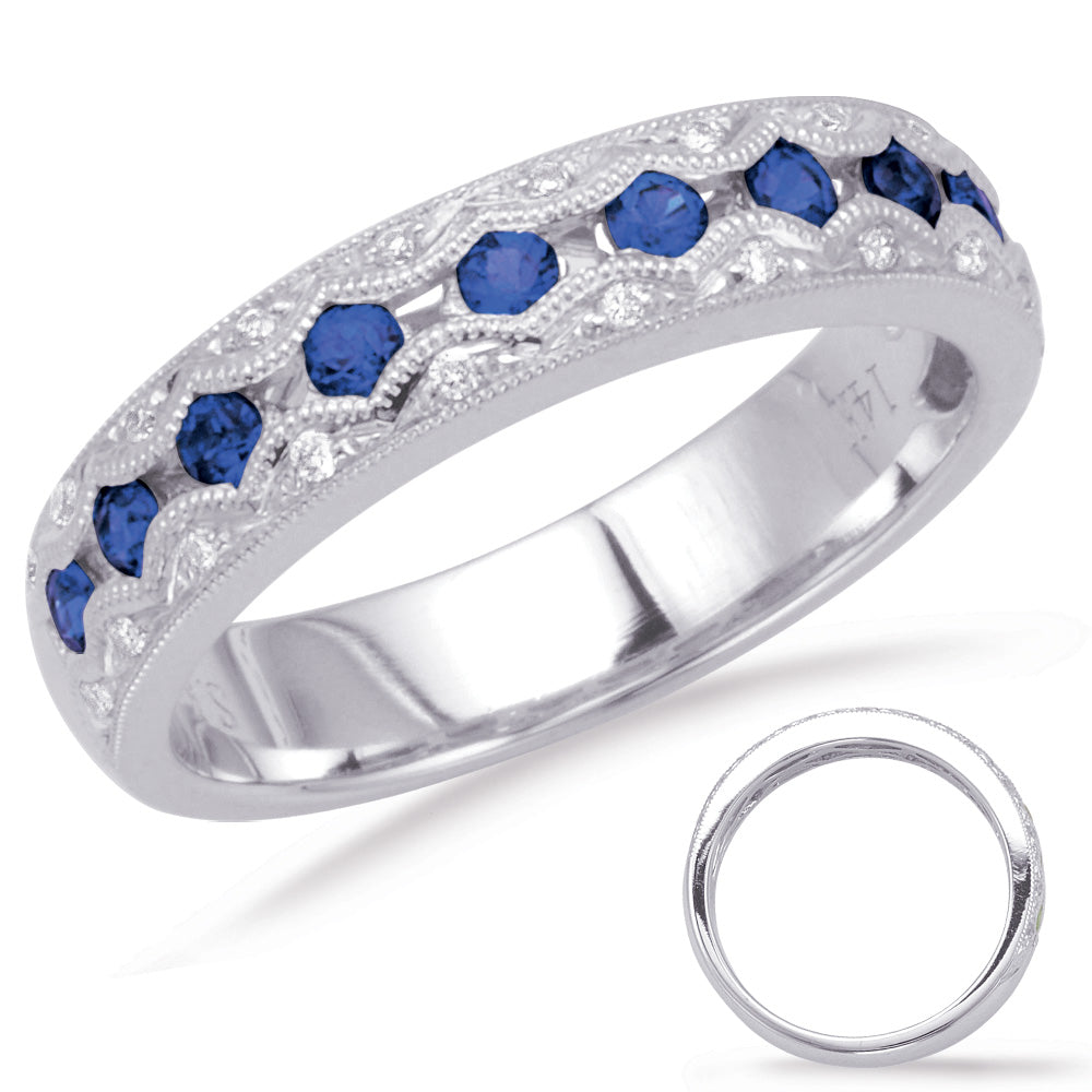 This Gem Stone Ring is available in 14K White Gold. There are a total of 32 stones. There are Rounds with a total carat weight of 0.12 set in a Channel Set|Micro Pave setting.There are Sapphire stones with a total carat weight of 0.45 set in a Channel Set|Micro Pave.