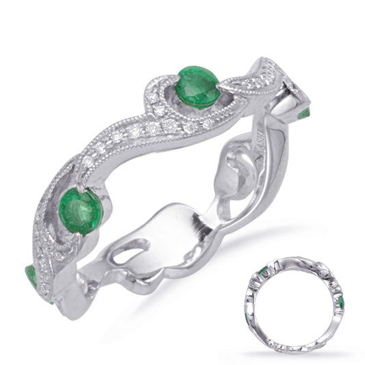This Gem Stone Ring is available in 14K White Gold. There are a total of 34 stones. There are Emerald with a total carat weight of 0.56 set in a Micro Prong|Prong Set setting.There are Rounds stones with a total carat weight of 0.1 set in a Micro Prong|Prong Set.