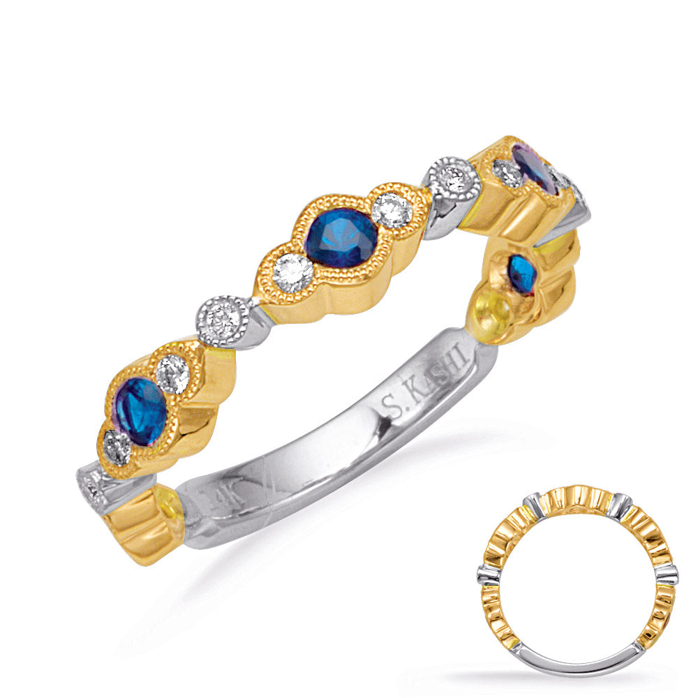 This Gem Stone Ring is available in 14K Yellow & White Gold. There are a total of 19 stones. There are Rounds with a total carat weight of 0.18 set in a Bezel Set|Channel Set setting.There are Sapphire stones with a total carat weight of 0.4 set in a Bezel Set|Channel Set.