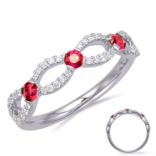 This Gem Stone Ring is available in 14K White Gold. There are a total of 45 stones. There are Rounds with a total carat weight of 0.22 set in a Micro Prong|Prong Set setting.There are Ruby stones with a total carat weight of 0.34 set in a Micro Prong|Prong Set.