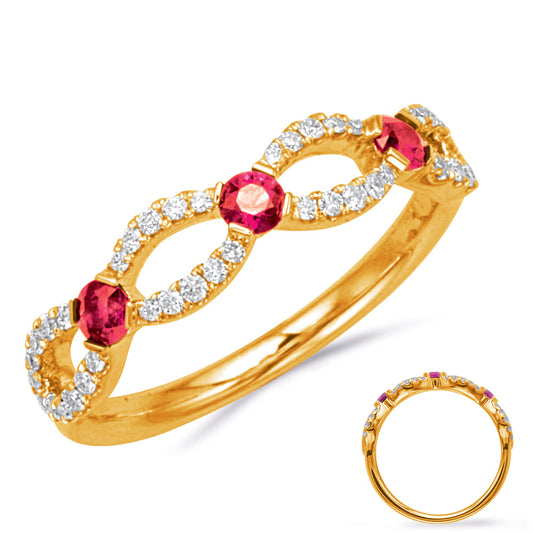 This Gem Stone Ring is available in 14K Yellow Gold. There are a total of 45 stones. There are Rounds with a total carat weight of 0.22 set in a Micro Prong|Prong Set setting.There are Ruby stones with a total carat weight of 0.34 set in a Micro Prong|Prong Set.