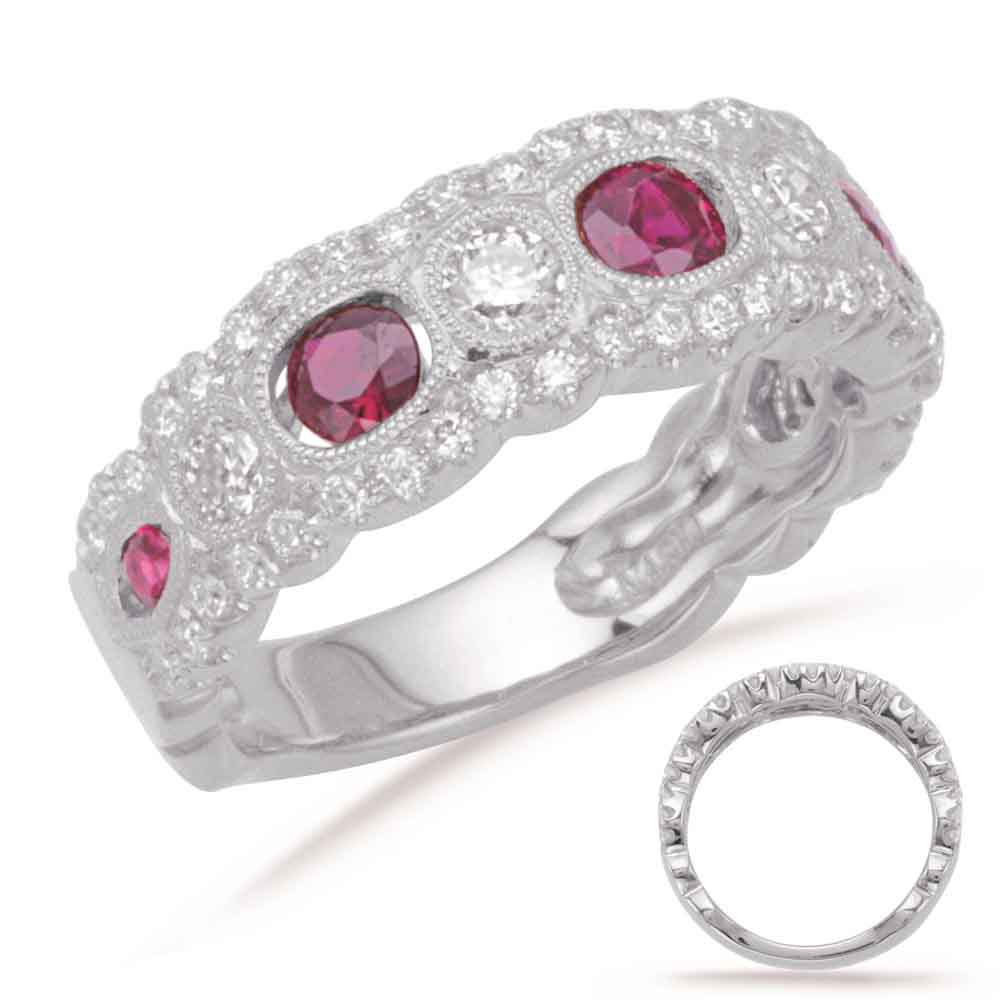 This Gem Stone Ring is available in 14K White Gold. There are a total of 59 stones. There are Rounds with a total carat weight of 0.55 set in a Bezel Set|Micro Prong setting.There are Ruby stones with a total carat weight of 0.68 set in a Bezel Set|Micro Prong.