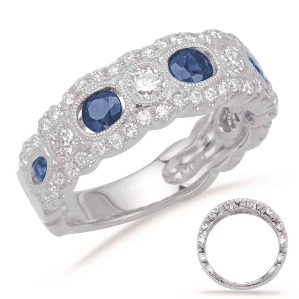 This Gem Stone Ring is available in 14K White Gold. There are a total of 59 stones. There are Rounds with a total carat weight of 0.55 set in a Bezel Set|Micro Prong setting.There are Sapphire stones with a total carat weight of 0.72 set in a Bezel Set|Micro Prong.