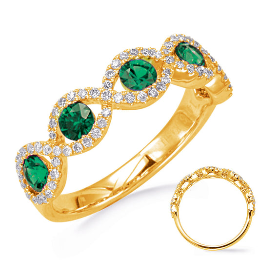 This Gem Stone Ring is available in 14K Yellow Gold. There are a total of 81 stones. There are Emerald with a total carat weight of 0.7 set in a Channel Set|Micro Prong setting.There are Rounds stones with a total carat weight of 0.26 set in a Channel Set|Micro Prong.