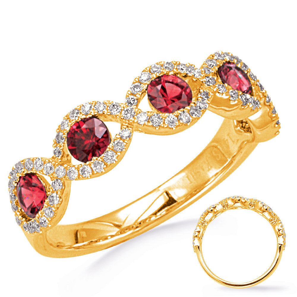 This Gem Stone Ring is available in 14K Yellow Gold. There are a total of 81 stones. There are Rounds with a total carat weight of 0.26 set in a Channel Set|Micro Prong setting.There are Ruby stones with a total carat weight of 0.78 set in a Channel Set|Micro Prong.