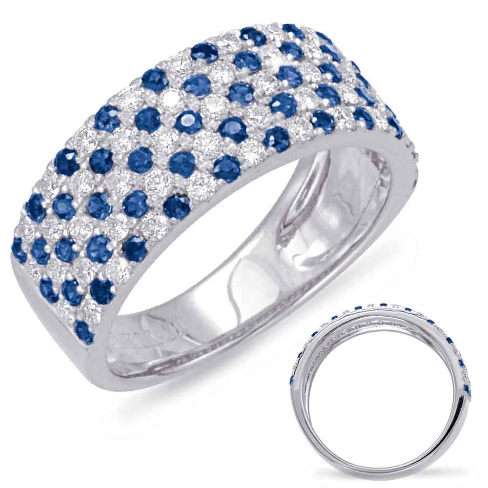 This Gem Stone Ring is available in 14K White Gold. There are a total of 105 stones. There are Rounds with a total carat weight of 0.5 set in a Micro Prong setting.There are Sapphire stones with a total carat weight of 0.73 set in a Micro Prong.