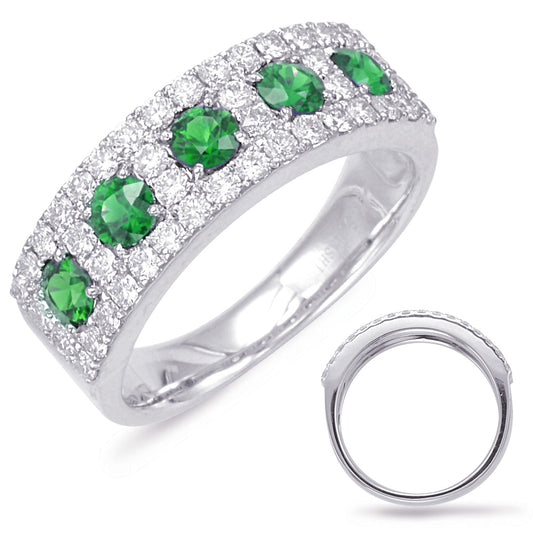 This Gem Stone Ring is available in 14K White Gold. There are a total of 49 stones. There are Emerald with a total carat weight of 0.6 set in a Channel Set|Micro Prong setting.There are Rounds stones with a total carat weight of 0.64 set in a Channel Set|Micro Prong.