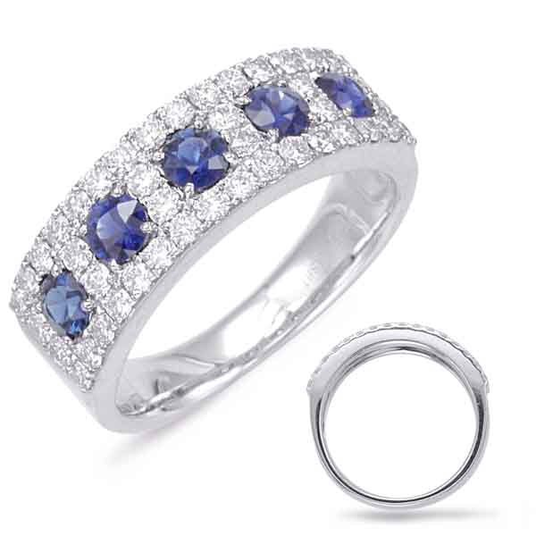 This Gem Stone Ring is available in 14K White Gold. There are a total of 49 stones. There are Rounds with a total carat weight of 0.64 set in a Channel Set|Micro Prong setting.There are Sapphire stones with a total carat weight of 0.74 set in a Channel Set|Micro Prong.