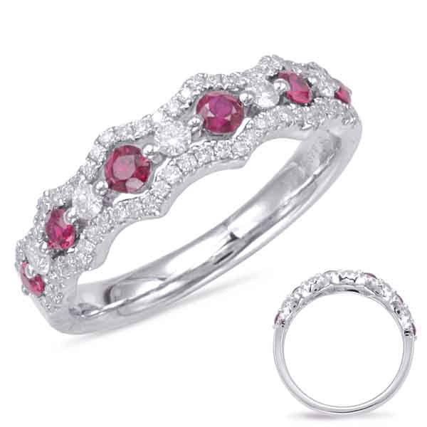 This Gem Stone Ring is available in 14K White Gold. There are a total of 73 stones. There are Rounds with a total carat weight of 0.33 set in a Micro Prong|Prong Set setting.There are Ruby stones with a total carat weight of 0.35 set in a Micro Prong|Prong Set.