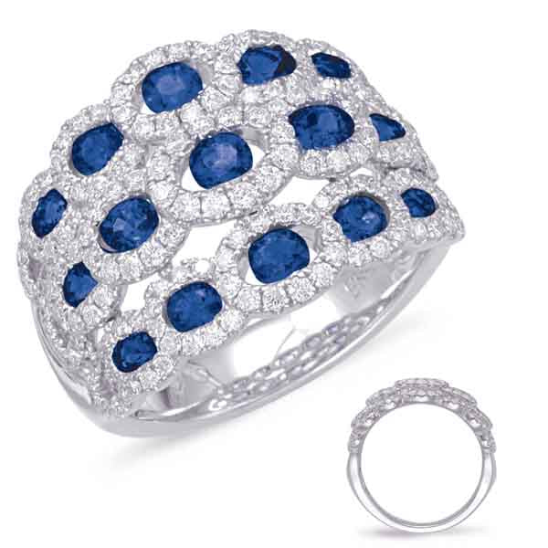 This Gem Stone Ring is available in 14K White Gold. There are a total of 193 stones. There are Rounds with a total carat weight of 0.84 set in a Channel Set|Micro Prong setting.There are Sapphire stones with a total carat weight of 1.34 set in a Channel Set|Micro Prong.
