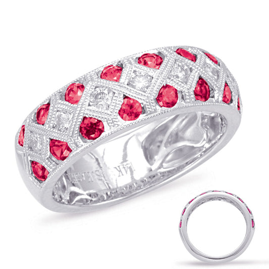 This Gem Stone Ring is available in 14K White Gold. There are a total of 26 stones. There are Rounds with a total carat weight of 0.34 set in a Channel Set setting.There are Ruby stones with a total carat weight of 0.94 set in a Channel Set.