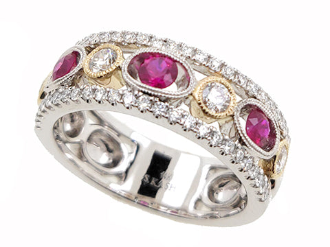 This Gem Stone Ring is available in 14K Yellow & White Gold. There are a total of 57 stones. There are Rounds with a total carat weight of 0.56 set in a Bezel Set|Channel Set|Micro Prong setting.There are Ruby stones with a total carat weight of 0.56 set in a Bezel Set|Channel Set|Micro Prong.