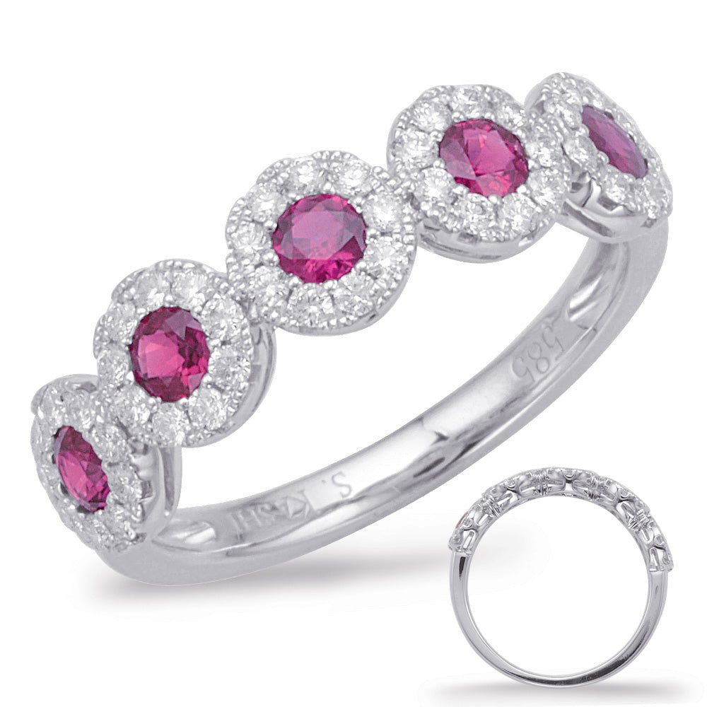 This Gem Stone Ring is available in 14K White Gold. There are a total of 50 stones. There are Rounds with a total carat weight of 0.38 set in a Channel Set|Micro Prong setting.There are Ruby stones with a total carat weight of 0.55 set in a Channel Set|Micro Prong.