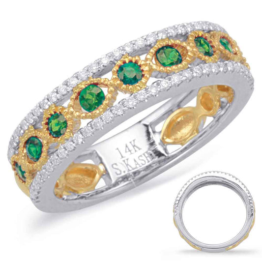 This Gem Stone Ring is available in 14K Yellow & White Gold. There are a total of 75 stones. There are Emerald with a total carat weight of 0.33 set in a Bezel Set|Channel Set|Micro Prong setting.There are Rounds stones with a total carat weight of 0.23 set in a Bezel Set|Channel Set|Micro Prong.