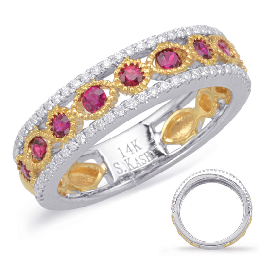 This Gem Stone Ring is available in 14K Yellow & White Gold. There are a total of 75 stones. There are Rounds with a total carat weight of 0.23 set in a Bezel Set|Channel Set|Micro Prong setting.There are Ruby stones with a total carat weight of 0.44 set in a Bezel Set|Channel Set|Micro Prong.