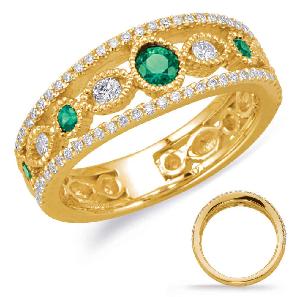 This Gem Stone Ring is available in 14K Yellow Gold. There are a total of 75 stones. There are Emerald with a total carat weight of 0.3 set in a Bezel Set|Channel Set|Micro Prong setting.There are Rounds stones with a total carat weight of 0.37 set in a Bezel Set|Channel Set|Micro Prong.
