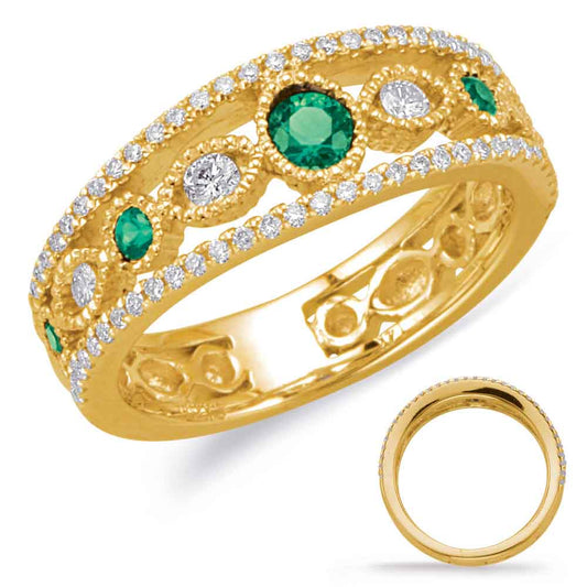 This Gem Stone Ring is available in 14K Yellow Gold. There are a total of 75 stones. There are Emerald with a total carat weight of 0.3 set in a Bezel Set|Channel Set|Micro Prong setting.There are Rounds stones with a total carat weight of 0.37 set in a Bezel Set|Channel Set|Micro Prong.