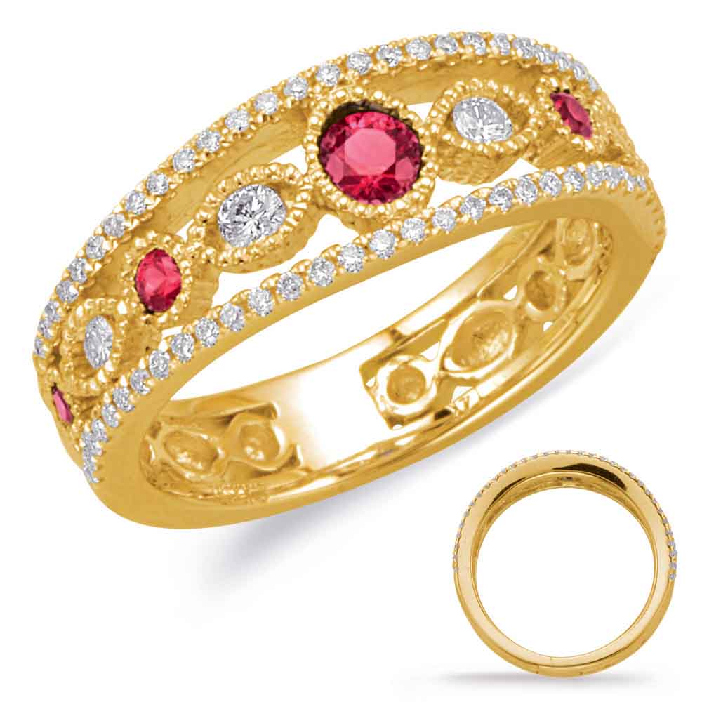 This Gem Stone Ring is available in 14K Yellow Gold. There are a total of 75 stones. There are Rounds with a total carat weight of 0.37 set in a Bezel Set|Channel Set|Micro Prong setting.There are Ruby stones with a total carat weight of 0.33 set in a Bezel Set|Channel Set|Micro Prong.