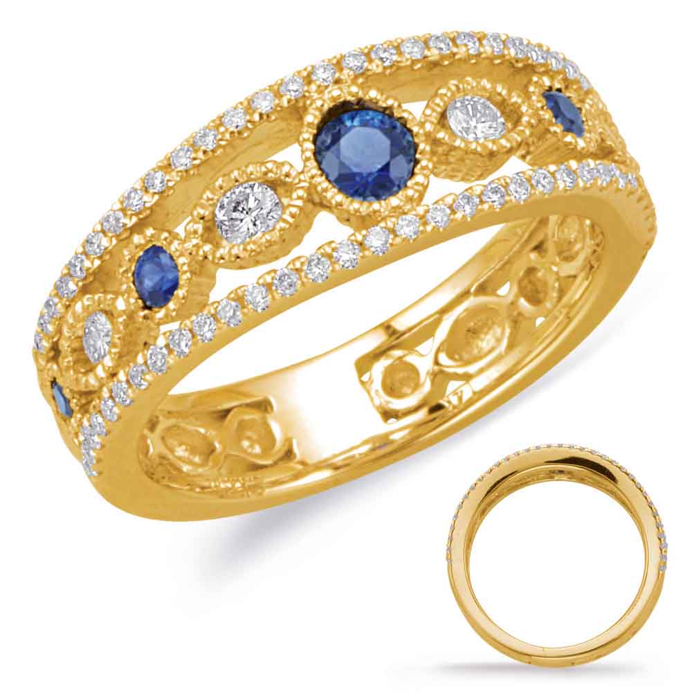 This Gem Stone Ring is available in 14K Yellow Gold. There are a total of 75 stones. There are Rounds with a total carat weight of 0.37 set in a Bezel Set|Channel Set|Micro Prong setting.There are Sapphire stones with a total carat weight of 0.3 set in a Bezel Set|Channel Set|Micro Prong.