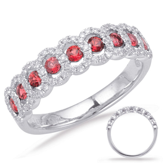 This Gem Stone Ring is available in 14K White Gold. There are a total of 92 stones. There are Rounds with a total carat weight of 0.27 set in a Channel Set|Micro Prong setting.There are Ruby stones with a total carat weight of 0.49 set in a Channel Set|Micro Prong.
