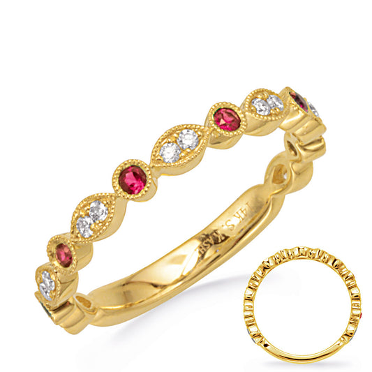 This Gem Stone Ring is available in 14K Yellow Gold. There are a total of 20 stones. There are Rounds with a total carat weight of 0.15 set in a Bezel Set|Micro Prong setting.There are Ruby stones with a total carat weight of 0.18 set in a Bezel Set|Micro Prong.