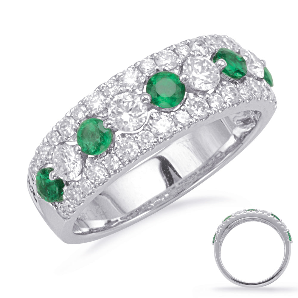 This Gem Stone Ring is available in 14K White Gold. There are a total of 47 stones. There are Emerald with a total carat weight of 0.48 set in a Micro Prong|Prong Set|Shared Prongs setting.There are Rounds stones with a total carat weight of 0.84 set in a Micro Prong|Prong Set|Shared Prongs.