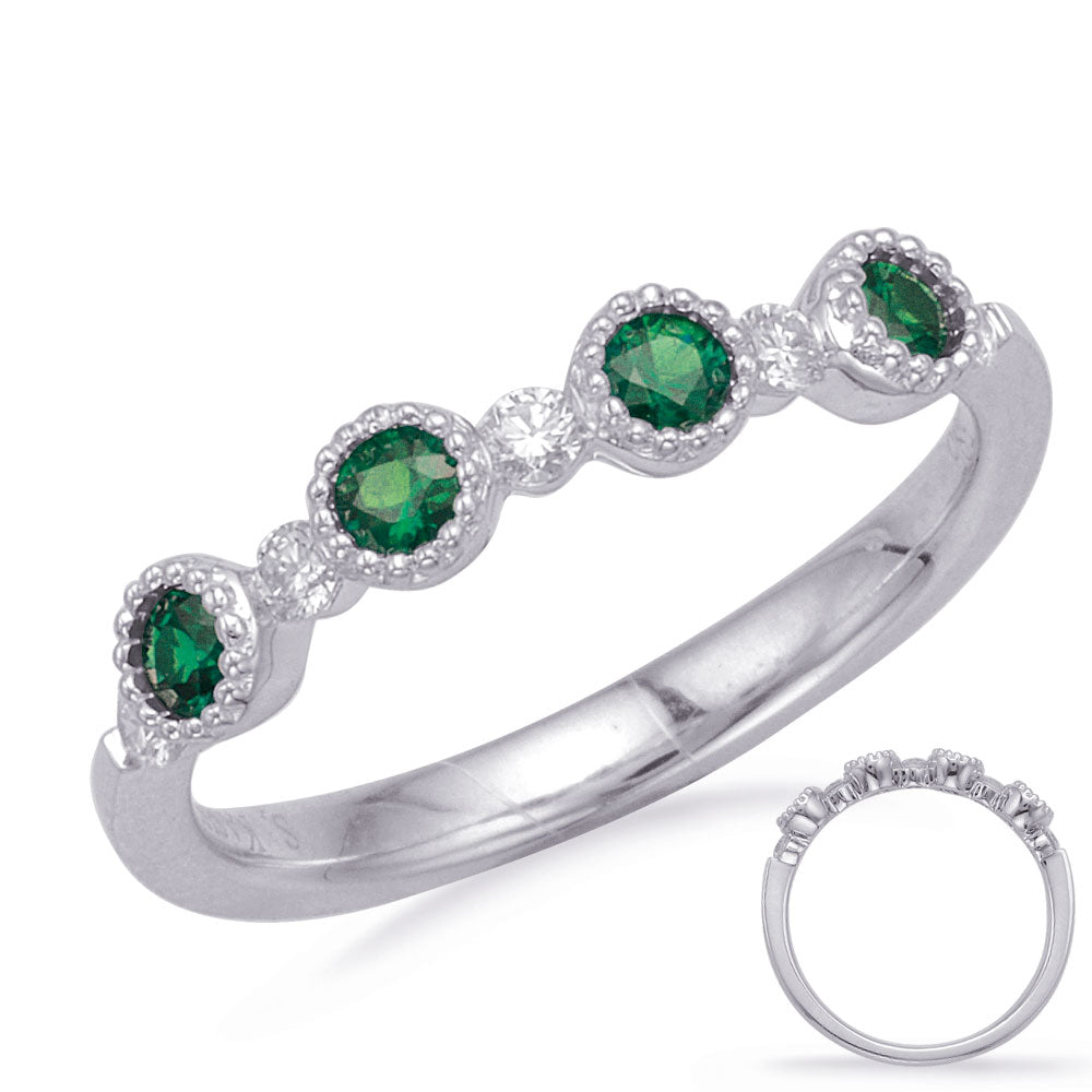 This Gem Stone Ring is available in 14K White Gold. There are a total of 9 stones. There are Emerald with a total carat weight of 0.25 set in a Bezel Set|Channel Set setting.There are Rounds stones with a total carat weight of 0.13 set in a Bezel Set|Channel Set.