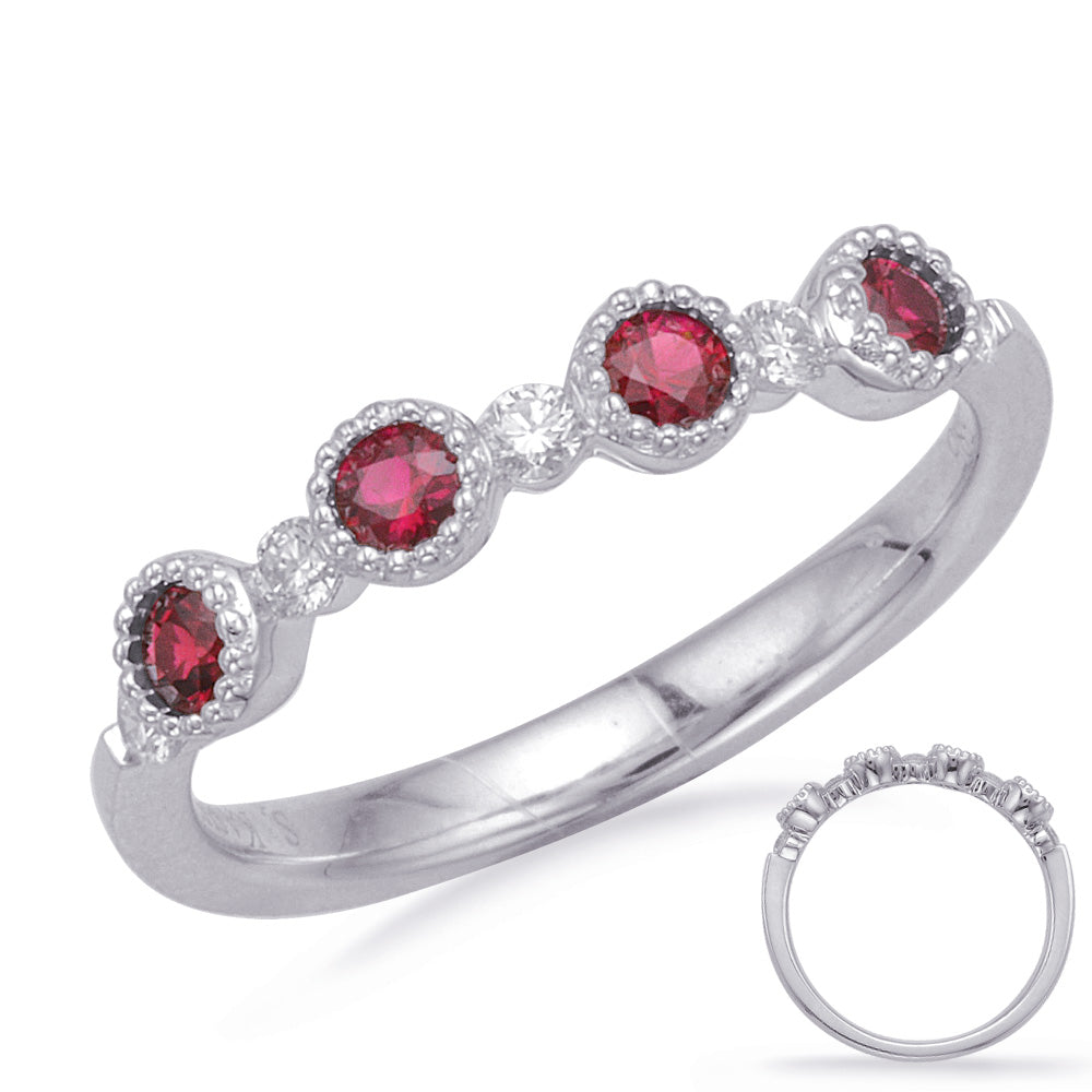This Gem Stone Ring is available in 14K White Gold. There are a total of 9 stones. There are Rounds with a total carat weight of 0.13 set in a Bezel Set|Channel Set setting.There are Ruby stones with a total carat weight of 0.3 set in a Bezel Set|Channel Set.
