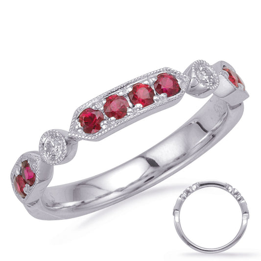 This Gem Stone Ring is available in 14K White Gold. There are a total of 10 stones. There are Rounds with a total carat weight of 0.07 set in a Bezel Set|Prong Set setting.There are Ruby stones with a total carat weight of 0.35 set in a Bezel Set|Prong Set.