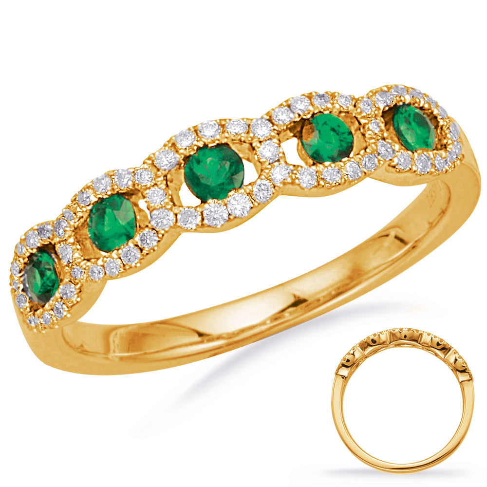 This Gem Stone Ring is available in 14K Yellow Gold. There are a total of 63 stones. There are Emerald with a total carat weight of 0.3 set in a Channel Set|Micro Prong setting.There are Rounds stones with a total carat weight of 0.2 set in a Channel Set|Micro Prong.