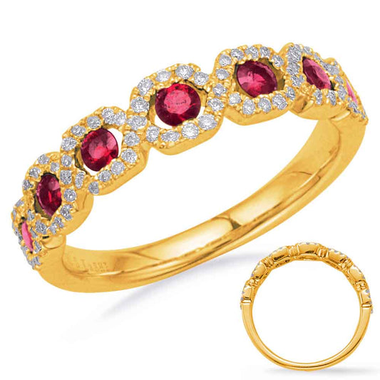 This Gem Stone Ring is available in 14K Yellow Gold. There are a total of 89 stones. There are Rounds with a total carat weight of 0.26 set in a Channel Set|Micro Prong setting.There are Ruby stones with a total carat weight of 0.48 set in a Channel Set|Micro Prong.
