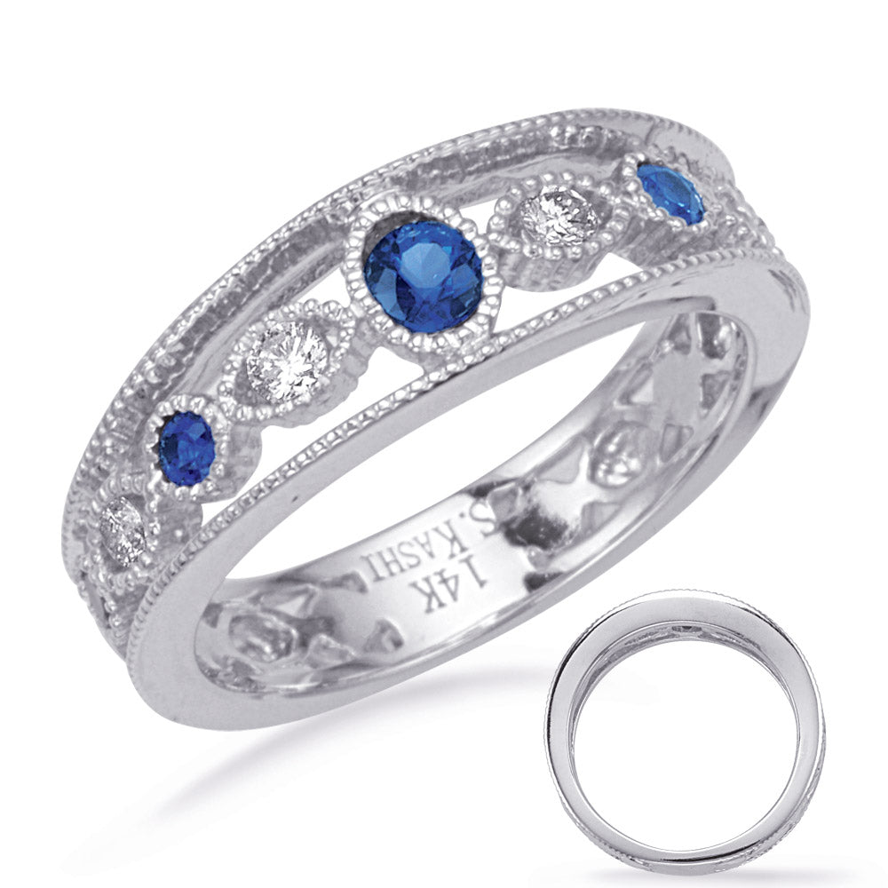 This Gem Stone Ring is available in 14K White Gold. There are a total of 9 stones. There are Rounds with a total carat weight of 0.14 set in a Bezel Set|Channel Set setting.There are Sapphire stones with a total carat weight of 0.37 set in a Bezel Set|Channel Set.