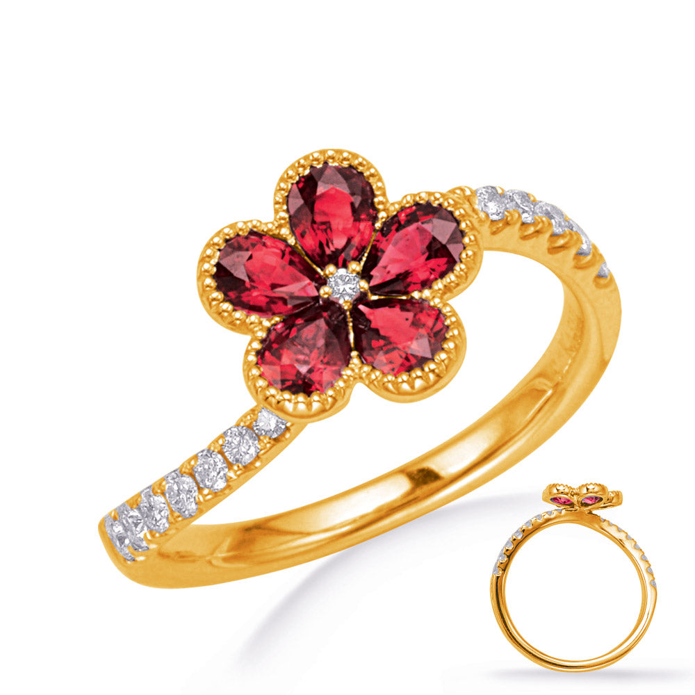 This Gem Stone Ring is available in 14K Yellow Gold. There are a total of 22 stones. There are Rounds with a total carat weight of 0.21 set in a Channel Set|Micro Pave|Prong Set setting.There are Ruby stones with a total carat weight of 0.67 set in a Channel Set|Micro Pave|Prong Set.