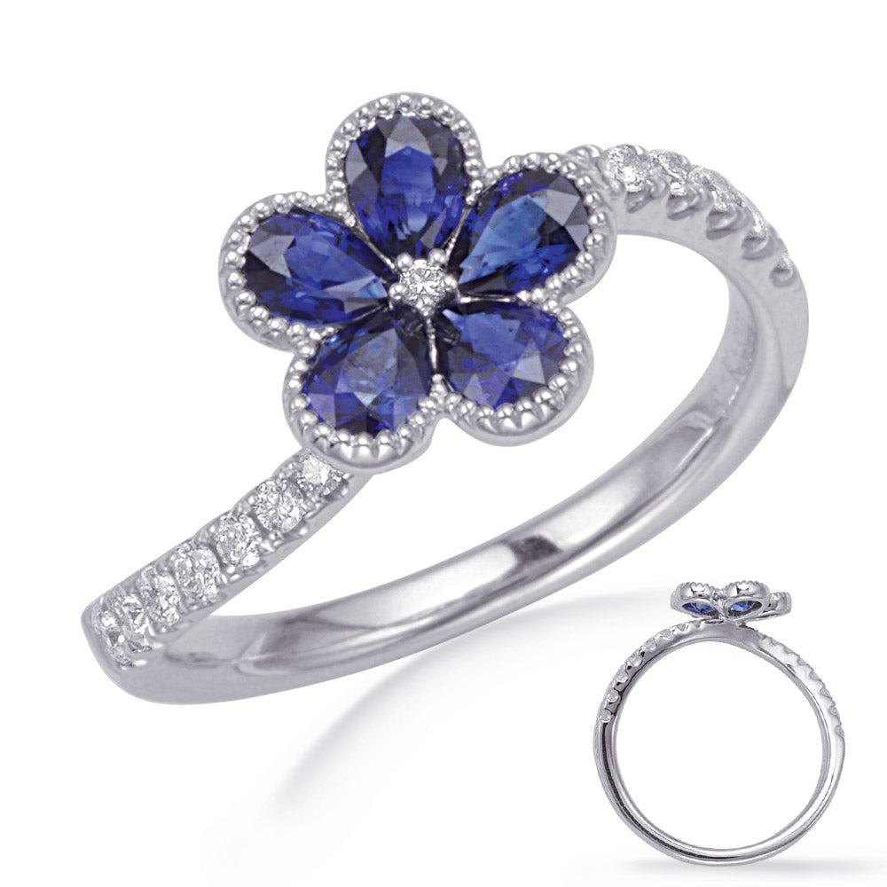 This Gem Stone Ring is available in 14K White Gold. There are a total of 22 stones. There are Rounds with a total carat weight of 0.21 set in a Channel Set|Micro Pave|Prong Set setting.There are Sapphire stones with a total carat weight of 0.9 set in a Channel Set|Micro Pave|Prong Set.