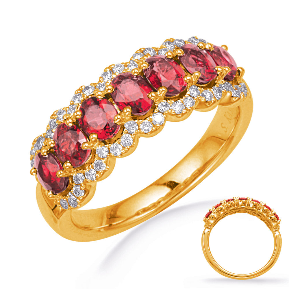 This Gem Stone Ring is available in 14K Yellow Gold. There are a total of 57 stones. There are Rounds with a total carat weight of 0.25 set in a Micro Pave|Micro Prong setting.There are Ruby stones with a total carat weight of 1.34 set in a Micro Pave|Micro Prong.