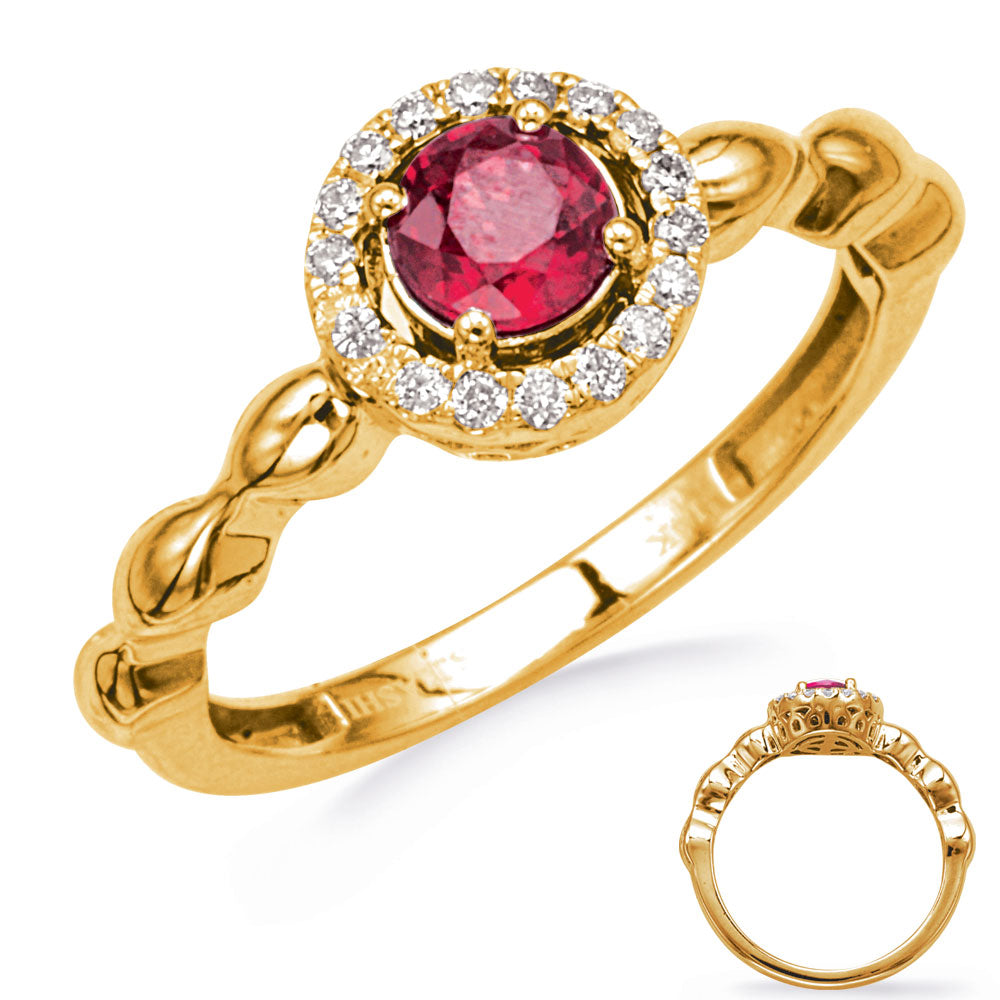 This Gem Stone Ring is available in 14K Yellow Gold. There are a total of 19 stones. There are Rounds with a total carat weight of 0.13 set in a Prong Set setting.There are Ruby stones with a total carat weight of 0.68 set in a Prong Set.