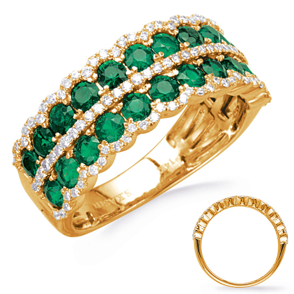 This Gem Stone Ring is available in 14K Yellow Gold. There are a total of 122 stones. There are Emerald with a total carat weight of 1.35 set in a Micro Prong|Prong Set setting.There are Rounds stones with a total carat weight of 0.32 set in a Micro Prong|Prong Set.