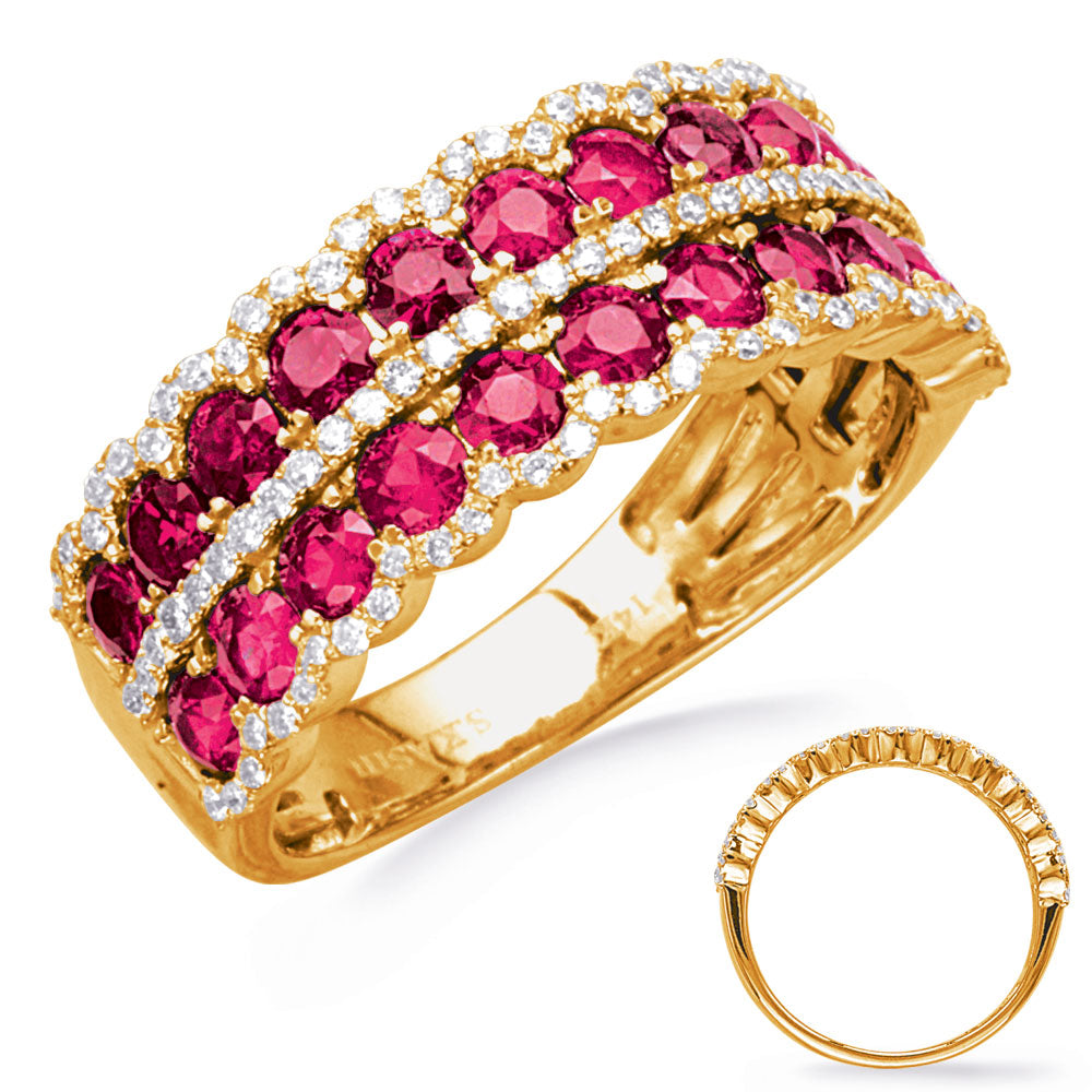 This Gem Stone Ring is available in 14K Yellow Gold. There are a total of 122 stones. There are Rounds with a total carat weight of 0.32 set in a Micro Prong|Prong Set setting.There are Ruby stones with a total carat weight of 1.91 set in a Micro Prong|Prong Set.