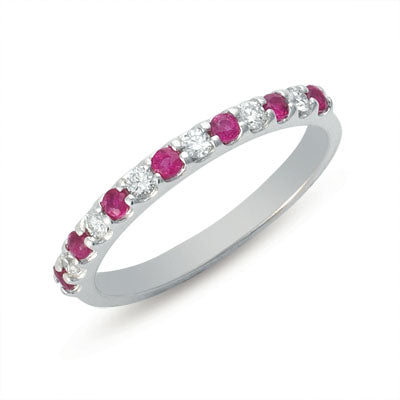 This Gem Stone Ring is available in 14K White Gold. There are a total of 13 stones. There are Rounds with a total carat weight of 0.15 set in a  setting.There are Ruby stones with a total carat weight of 0.3 set in a .