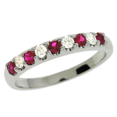 This Gem Stone Ring is available in 14K White Gold. There are a total of 9 stones. There are Rounds with a total carat weight of 0.17 set in a Prong Set setting.There are Ruby stones with a total carat weight of 0.34 set in a Prong Set.
