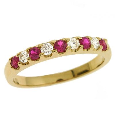 This Gem Stone Ring is available in 14K Yellow Gold. There are a total of 9 stones. There are Rounds with a total carat weight of 0.17 set in a Prong Set setting.There are Ruby stones with a total carat weight of 0.34 set in a Prong Set.