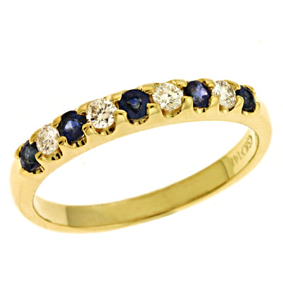 This Gem Stone Ring is available in 14K Yellow Gold. There are a total of 9 stones. There are Rounds with a total carat weight of 0.17 set in a Prong Set setting.There are Sapphire stones with a total carat weight of 0.34 set in a Prong Set.