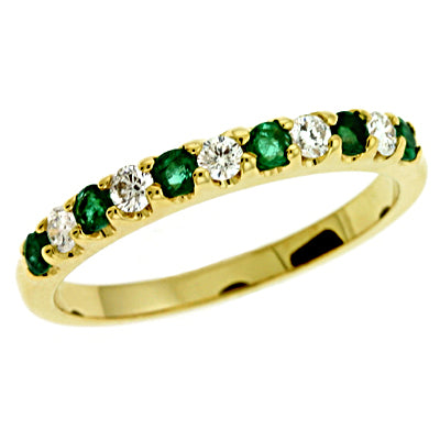 This Gem Stone Ring is available in 14K Yellow Gold. There are a total of 11 stones. There are Emerald with a total carat weight of 0.27 set in a  setting.There are Rounds stones with a total carat weight of 0.2 set in a .