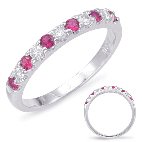 This Gem Stone Ring is available in 14K White Gold. There are a total of 11 stones. There are Rounds with a total carat weight of 0.2 set in a  setting.There are Ruby stones with a total carat weight of 0.38 set in a .