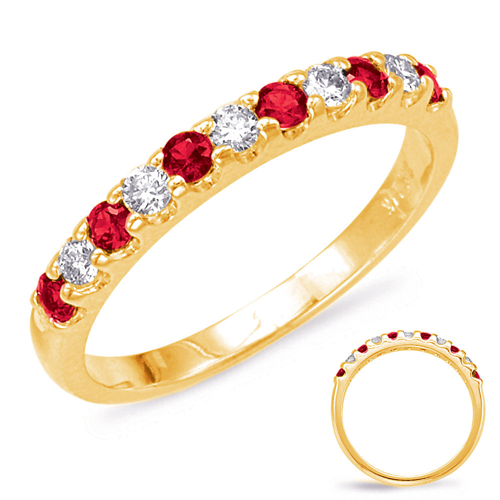 This Gem Stone Ring is available in 14K Yellow Gold. There are a total of 11 stones. There are Rounds with a total carat weight of 0.2 set in a  setting.There are Ruby stones with a total carat weight of 0.38 set in a .