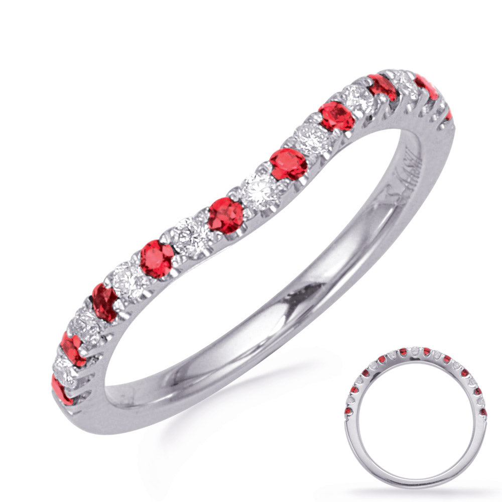 This Gem Stone Ring is available in 14K White Gold. There are a total of 19 stones. There are Rounds with a total carat weight of 0.17 set in a Micro Prong setting.There are Ruby stones with a total carat weight of 0.25 set in a Micro Prong.